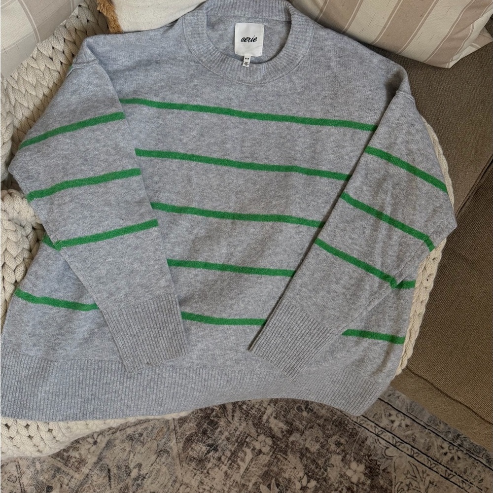 Aerie Gray Sweater with Green Stripes